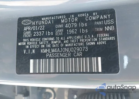 2022 Hyundai Elantra Hybrid Blue z USA, uszkodzony, nr VIN KMHLM4AJ0NU029073